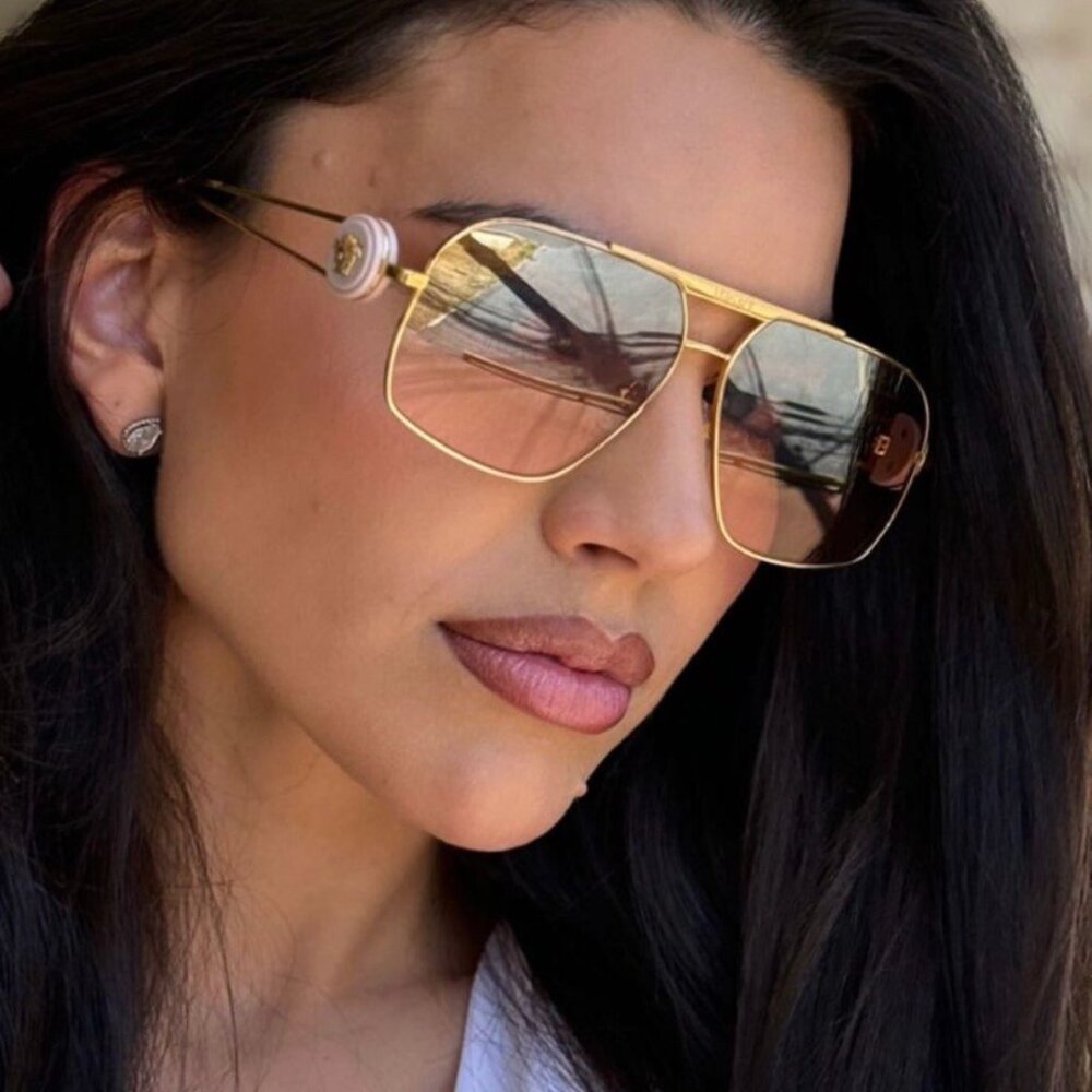 Versace VE2269 10027E Geometric Sunglasses - Gold/Pink Mirror